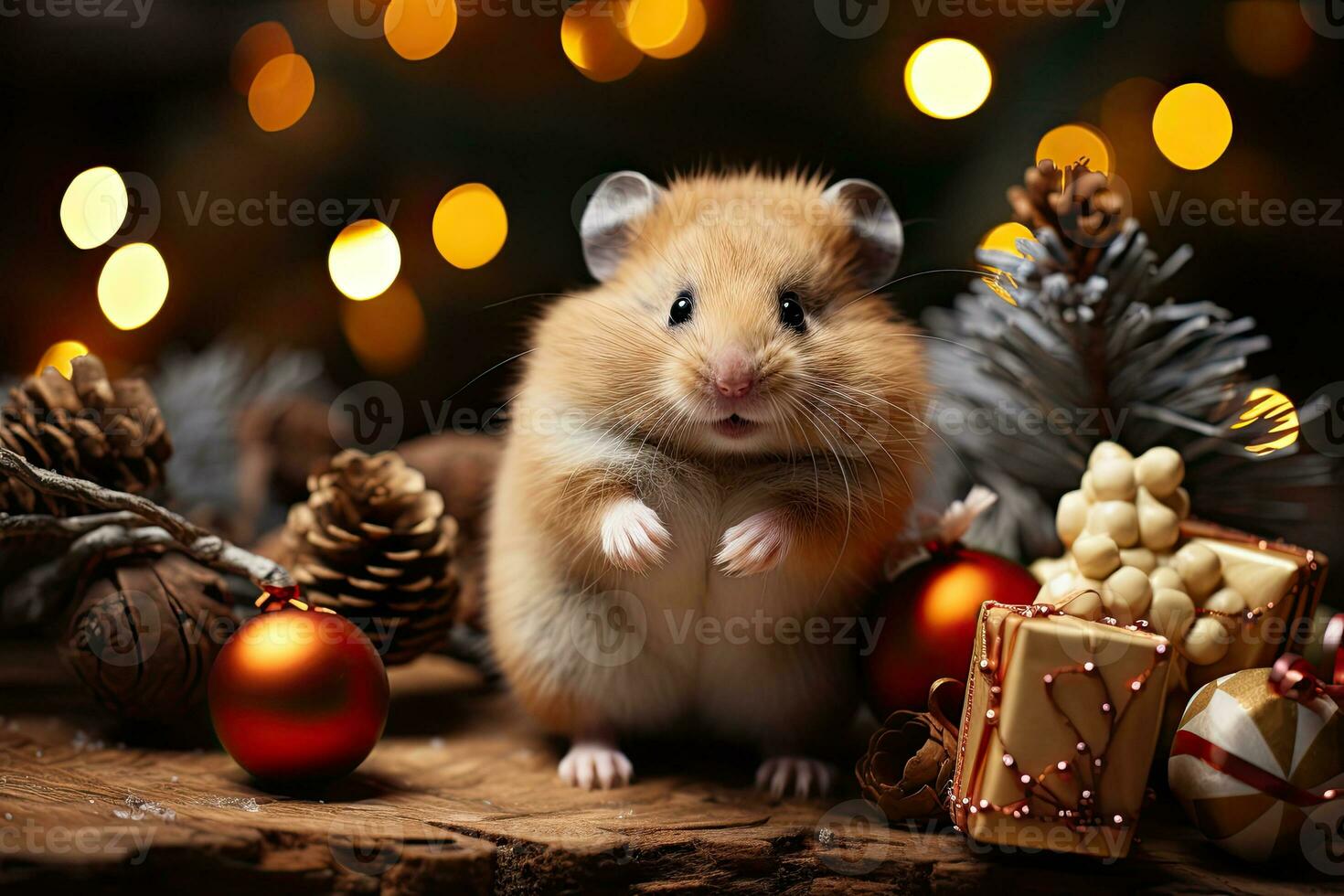 Hamster in santa hat and christmas tree with bokeh background. AI generated photo