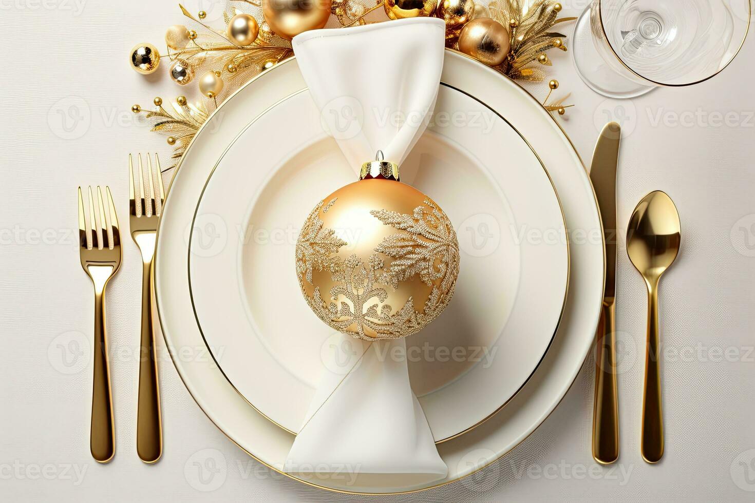 Christmas table setting with dishware, silverware and decorations on festive table. Top view. AI generated photo