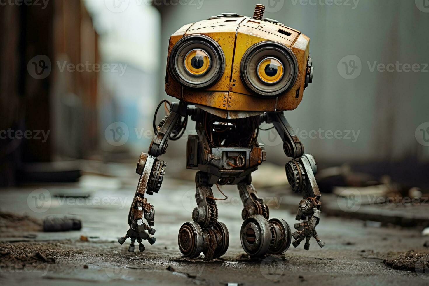 robot with big eyes in the street of town. Generative AI photo