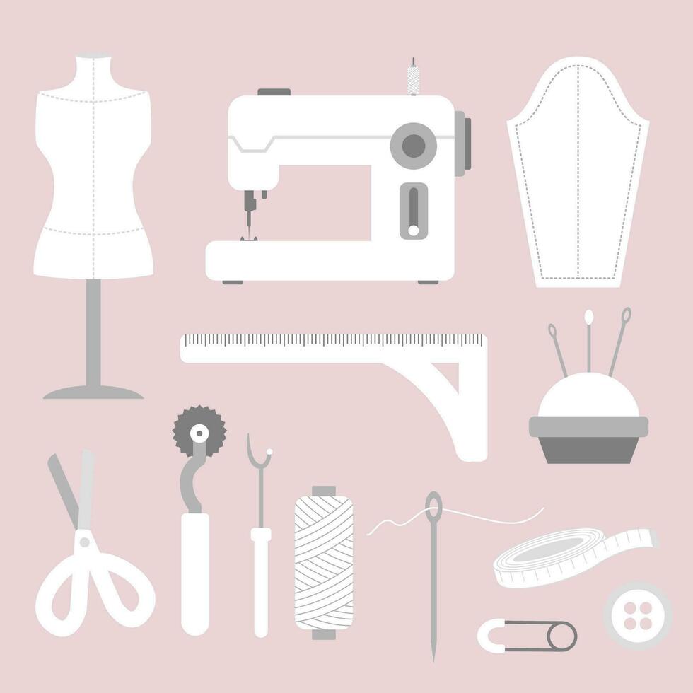 Set of sewing tools equipment vector flat illustration