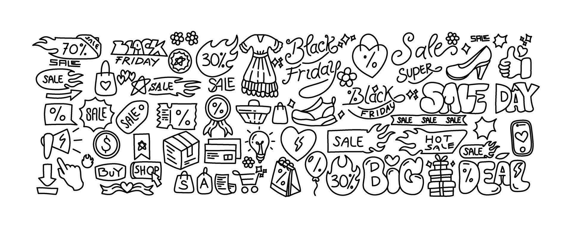 Set of Black Friday Doodle Icon Vector Art. Line art vector hand drawn set of Shopping cartoon doodle objects, symbols and items.