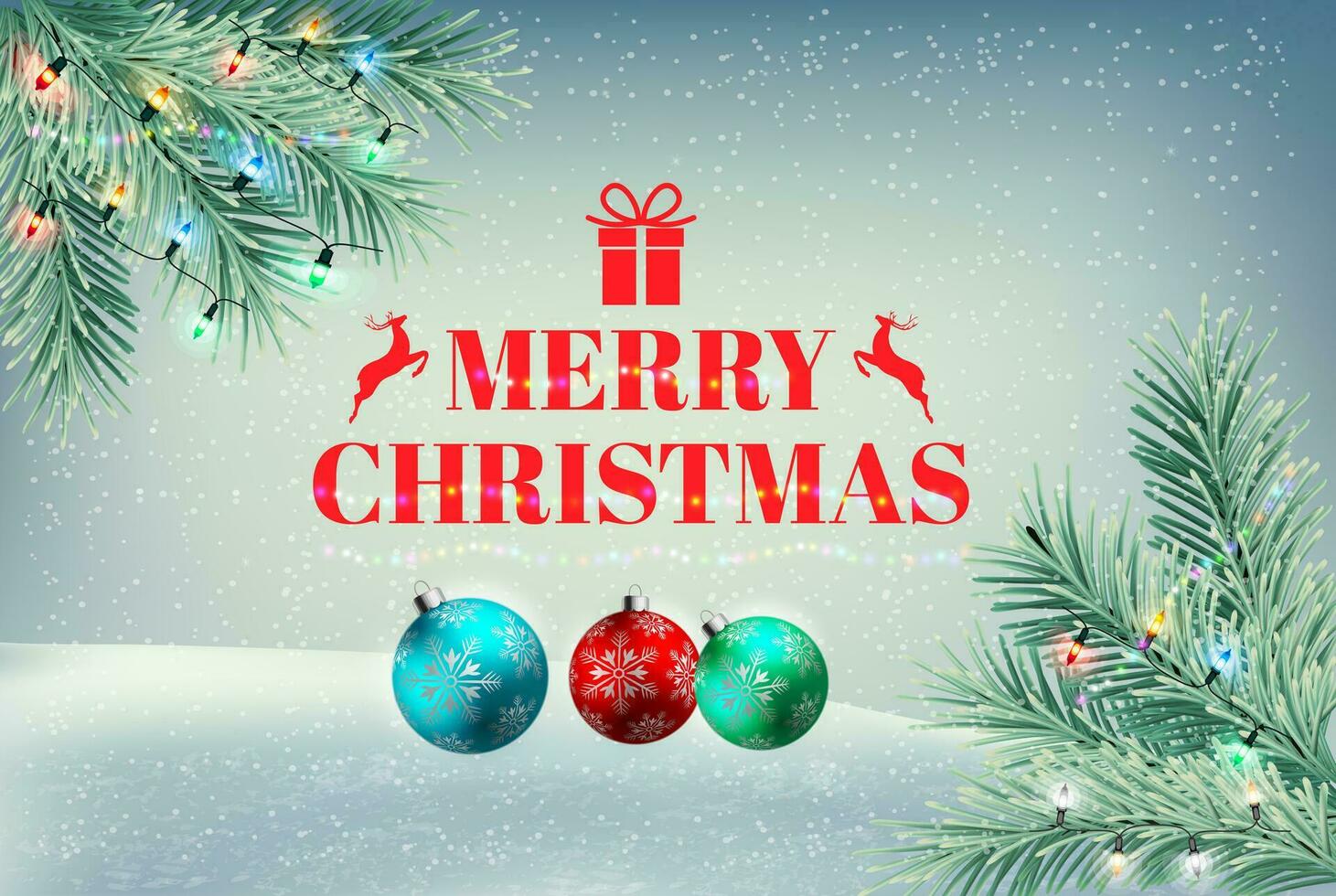 Merry Christmas Snow Background With Fir Branches And Christmas Balls vector