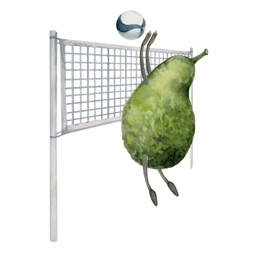 Hand drawn watercolor cute avocado character playing volleyball block serve practice. Fitness health. Illustration isolated composition, white background. Design for poster, print, website, card, gym vector