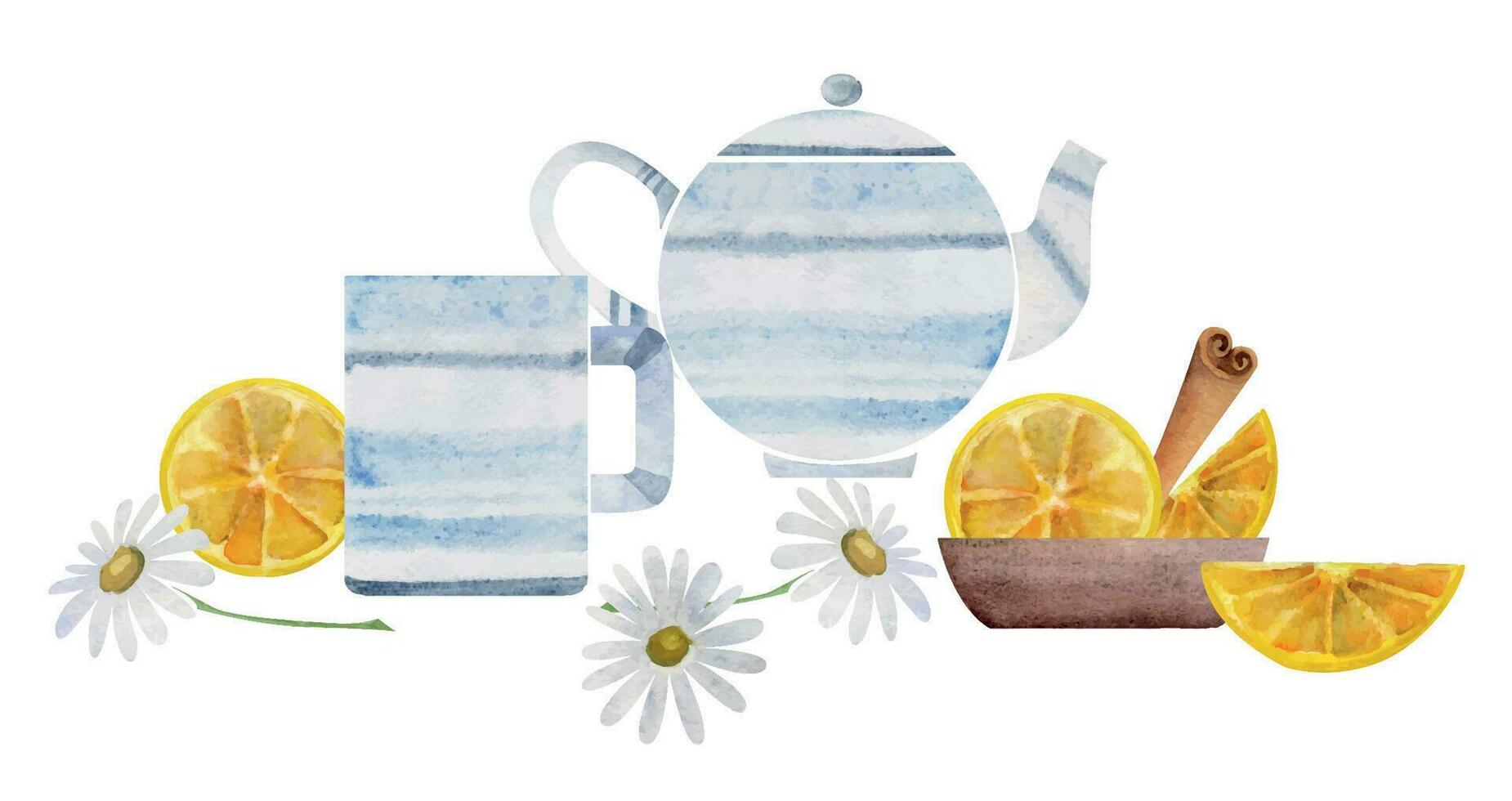 Watercolor hand drawn illustration. Porcelain tea pot, cups mugs, lemon slices, cinnamon, camomile. Isolated on white background. For invitations, cafe, restaurant food menu, print, website, cards vector