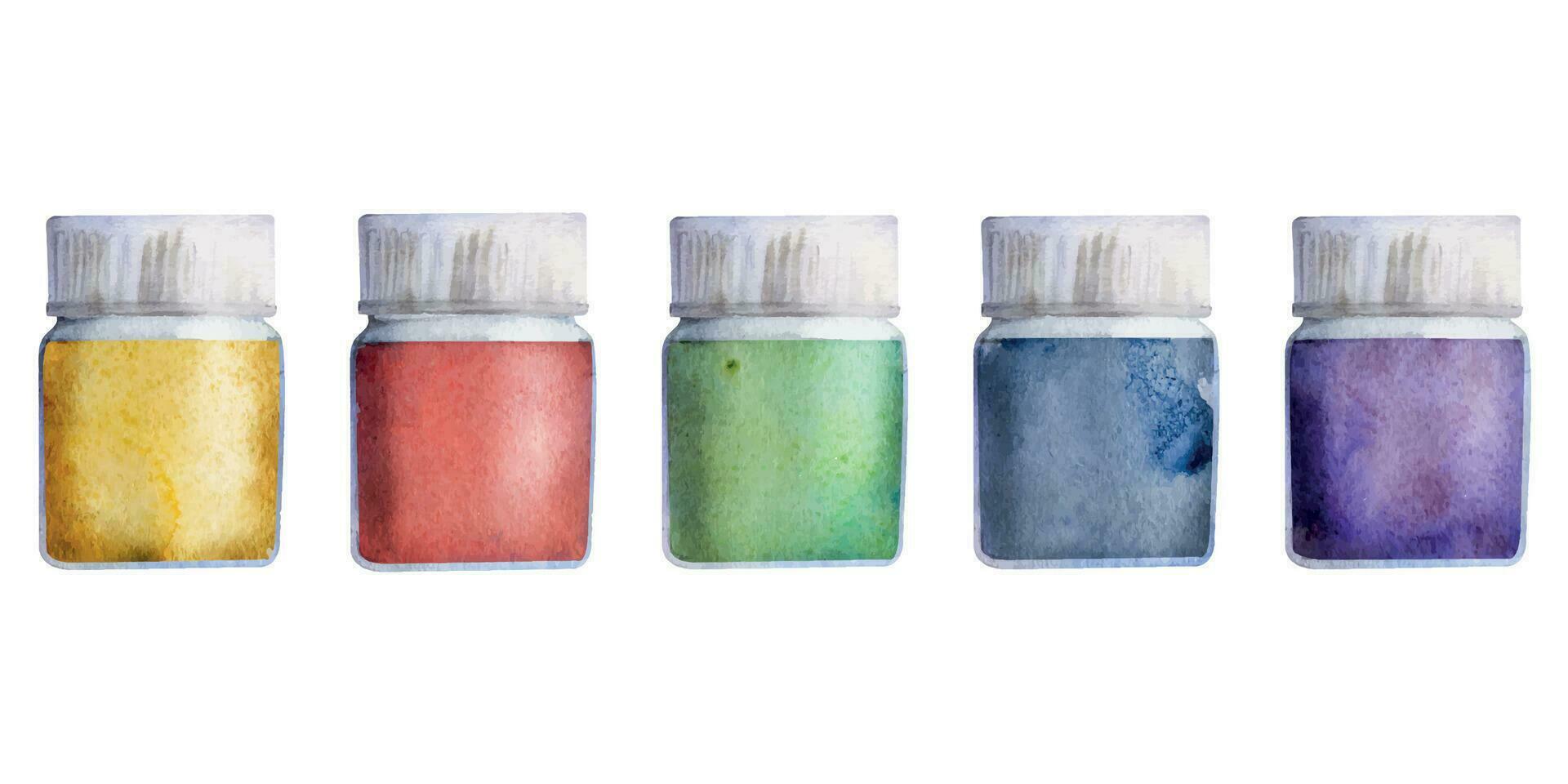 Watercolor hand drawn illustration, kids children paint materials supplies, mix color bottle with cap, closed lid stationery. Single object isolated on white. For school, shop, party, cards, website vector