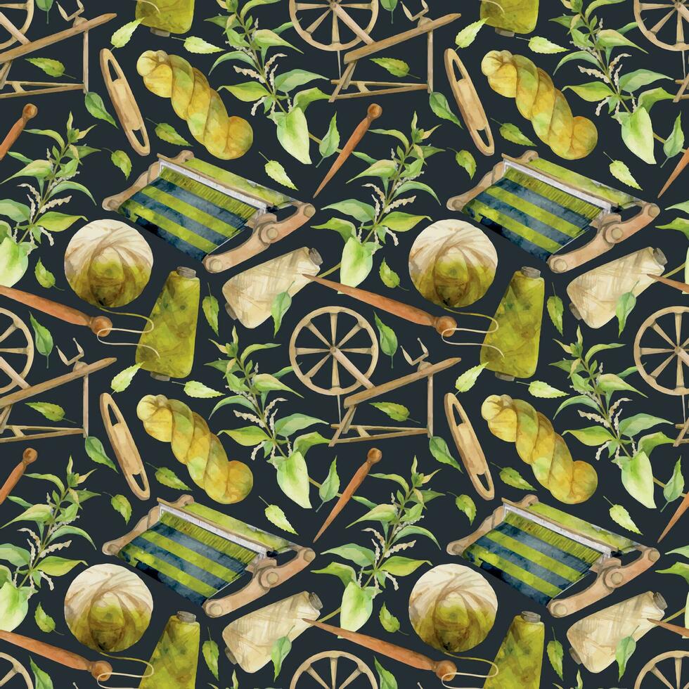 Hand drawn watercolor weave and spin equipment, dyed thread. Hobby handcraft Natural plant. Botanical illustration isolated seamless pattern, dark background. Shop logo print, website, card, booklet. vector