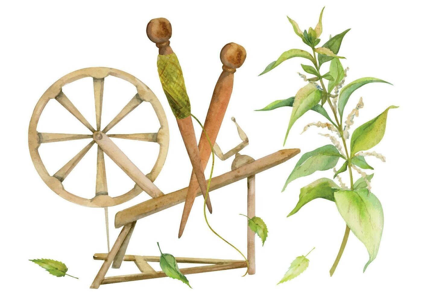 Hand drawn watercolor spinning wheel, spindle with thread and nettle. Natural plant. Botanical illustration isolated object composition on white background. For shop logo print, website, card, booklet vector