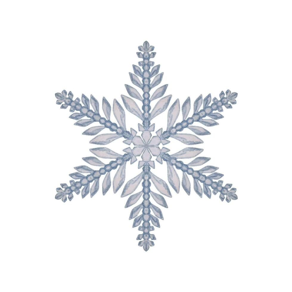 Hand drawn watercolor blue and silver snowflakes, water ice crystal frozen in winter. Illustration, single object isolated on white background. Design for holiday poster, print, website, card, booklet vector