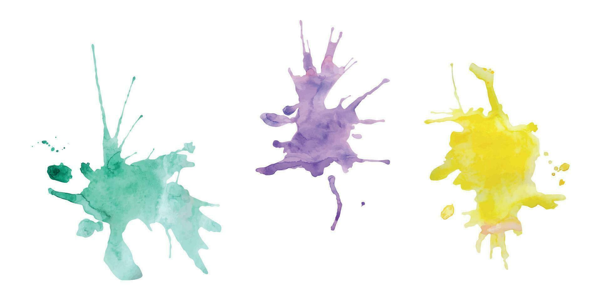 Watercolor hand drawn illustration, painting purple violet, green, yellow color splash stain splatter. Single object isolated on white. For school, kindergarten, party, cards, website, artist, shop vector