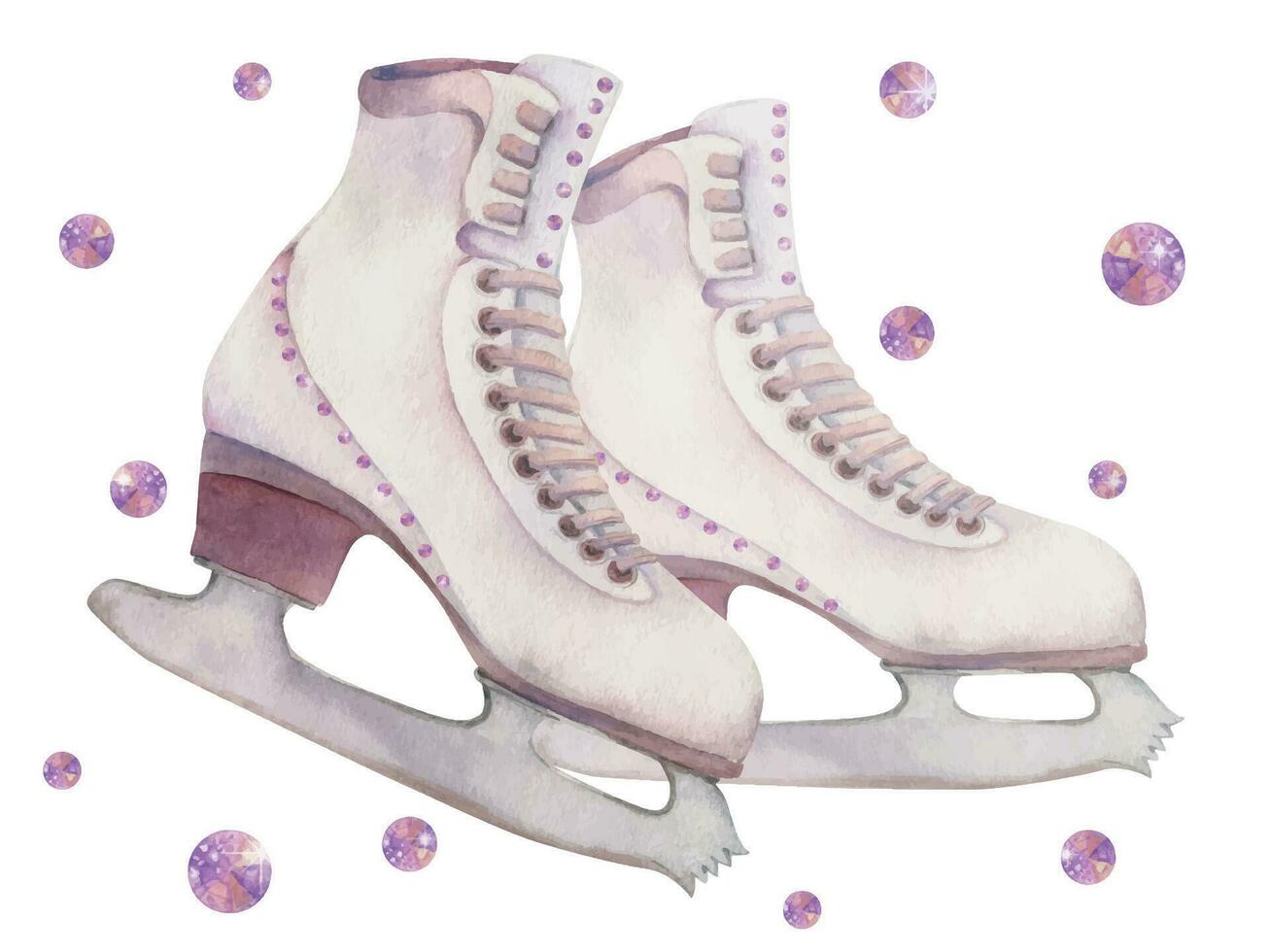 mano dibujado acuarela figura Patinaje botas par, cristal pedrería, invierno Deportes calzado. ilustración aislado en blanco antecedentes. diseño póster, imprimir, sitio web, tarjeta, invitación, tienda folleto vector