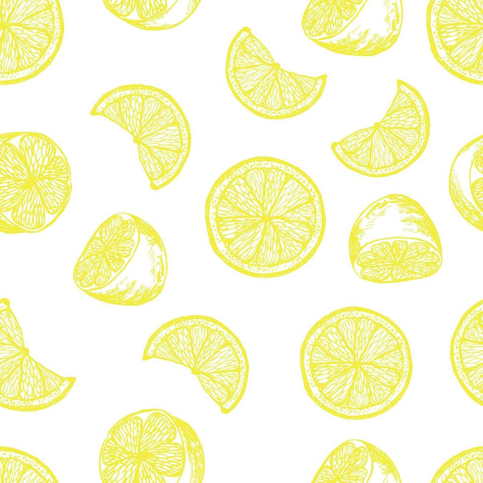 Graphic pattern with lemon, lemon slices with. Seamless pattern with summer lemons, hand-drawn in ink. Vector background with citrus fruits. Yellow lemons