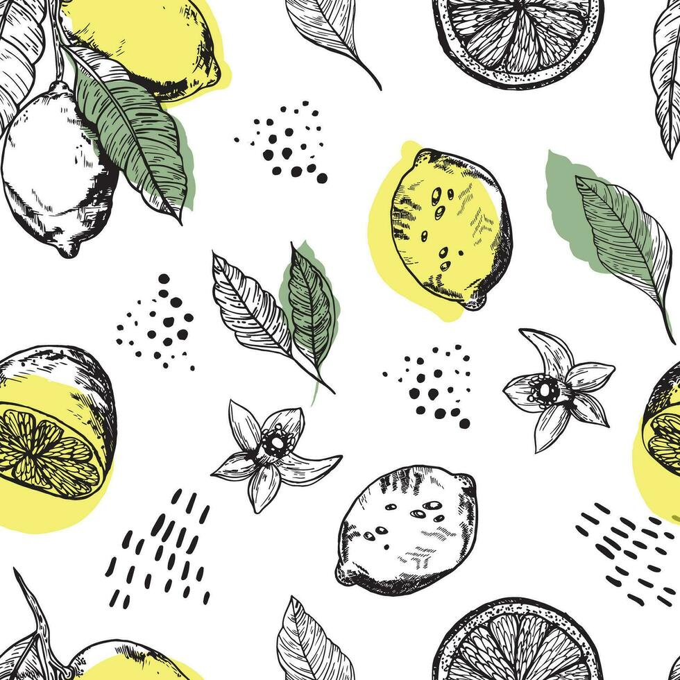 Graphic pattern with lemons, lemon slices with flowers. Seamless pattern with summer lemons, hand-drawn in ink. Vector background with citrus fruits and flowers, branches. Yellow lemons