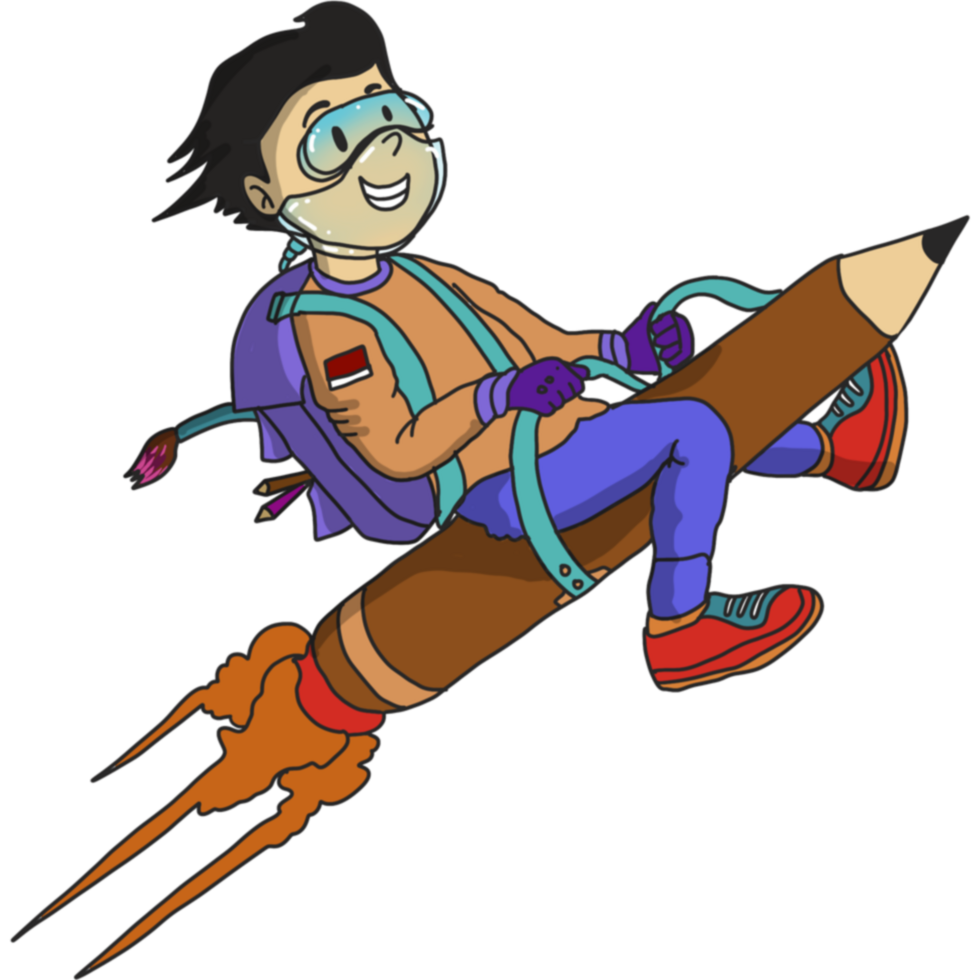 A boy student with a backpack riding on a flying pencil. illustration in flat style png