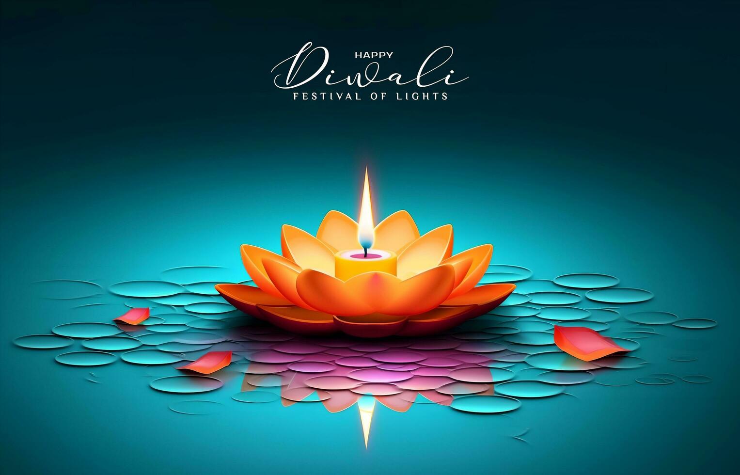 Happy Diwali, Orange Lotus Candle Floating on Water in the Festival of Light photo