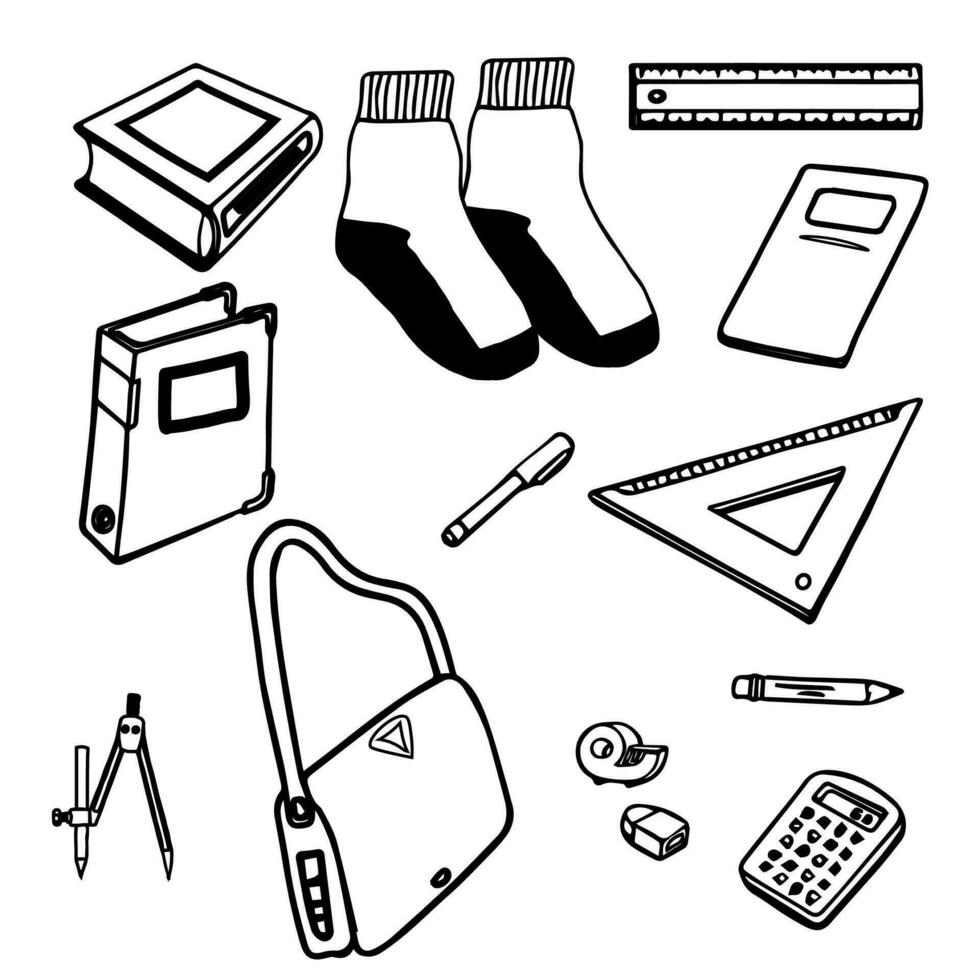 conjunto de dibujos animados de garabatos dibujados a mano de vector incompleto de objetos y símbolos escolares