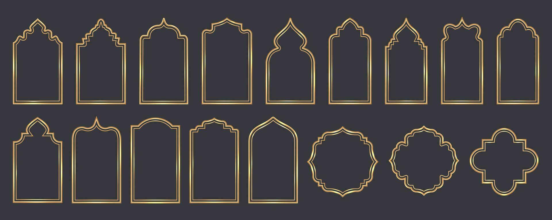 Ramadan window frame shapes. Islamic golden arches. Muslim mosque elements of architecture with ornament. Turkish gates and doors set. Vector