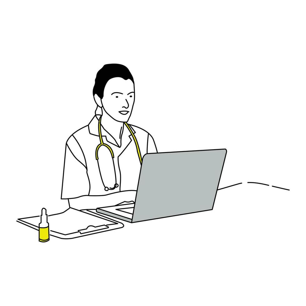 line art illustration Doctor is on the laptop and checking medical records. vector