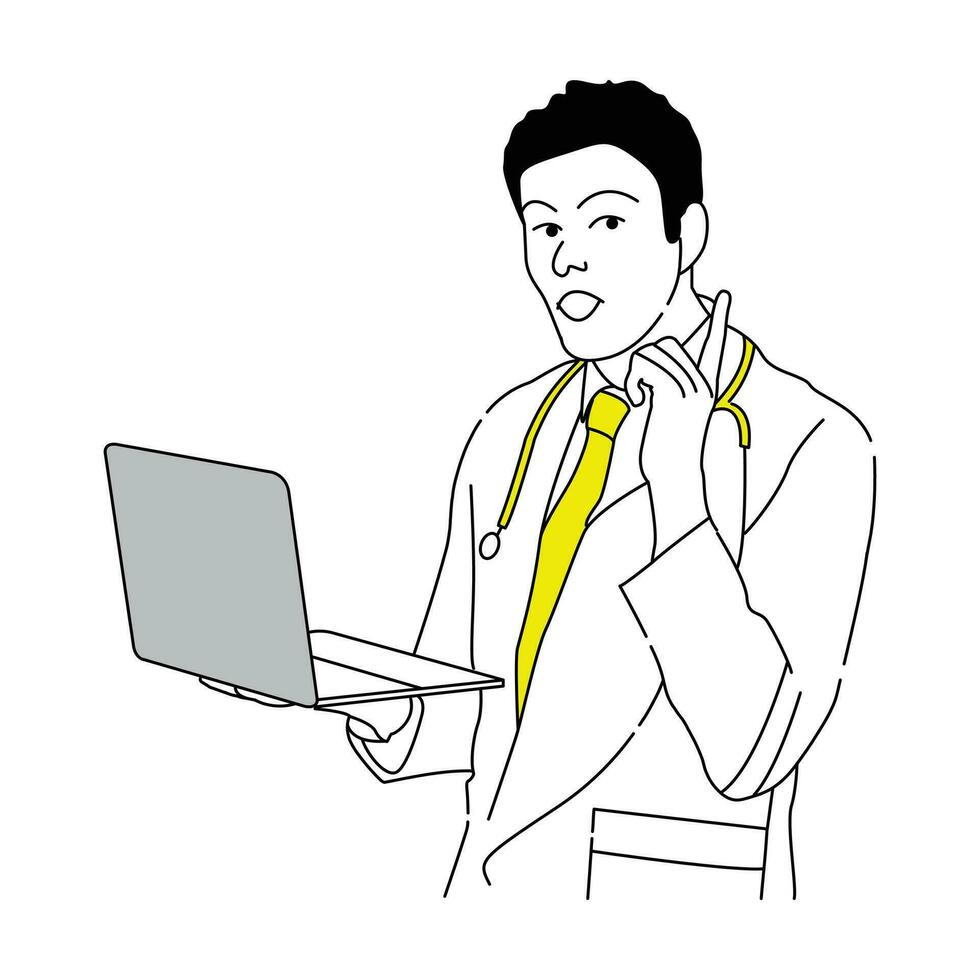 Smart doctor with stethoscope. serious mature doctor pointing laptop line art. vector