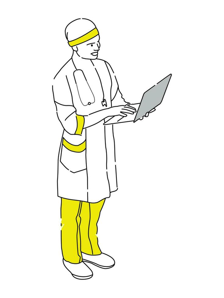 Line art drawing of young female doctor using a laptop. vector