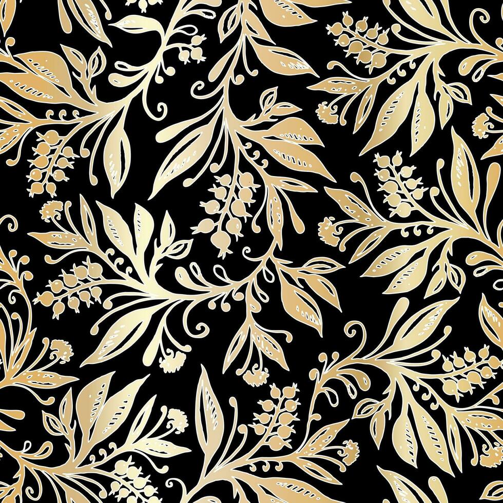 Floral seamless pattern with abstract leaves and berries in gold on black backdrop. Design for wallpapers, wrappings, textiles, fabrics. vector