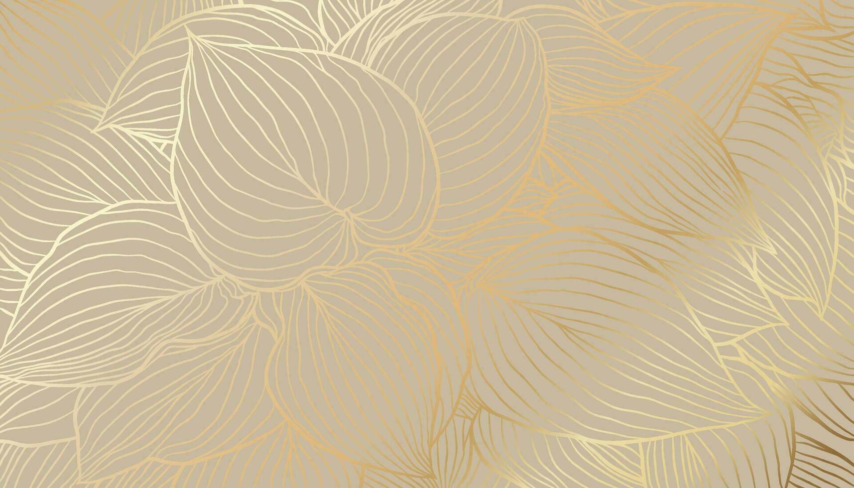 Digital vector illustration - golden hosta leaves in hand drawn line art on beige background. Luxurious art deco wallpaper design for print, poster, cover, banner, fabric, invitation.