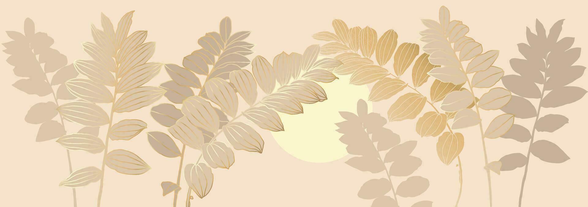 Digital vector illustration - silhouettes leaves with golden outline and light yellow circle on light beige. Luxurious art deco wallpaper design for print, poster, cover, banner, fabric, invitation.