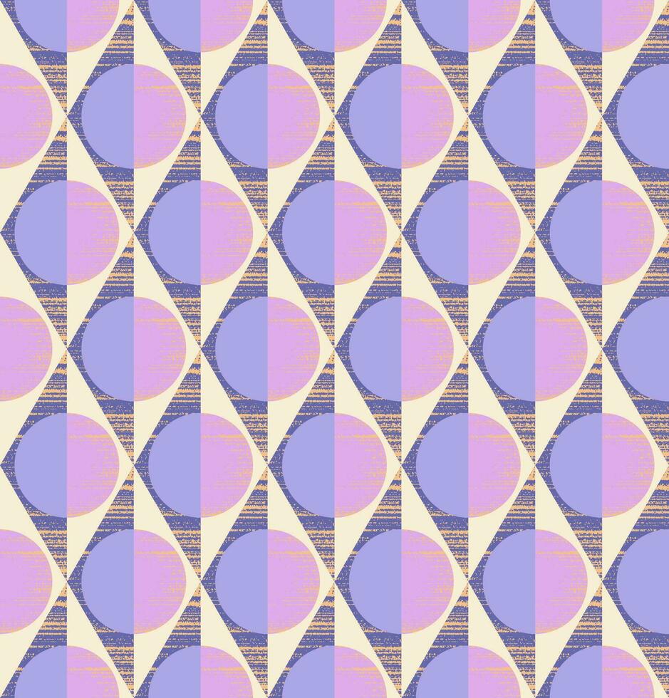 Geometric seamless pattern of rhombuses, triangles and circles in blue grey, blue purple, mauve, cream and apricot colors. Design for wallpaper, wrapping products, textiles, fabrics. vector