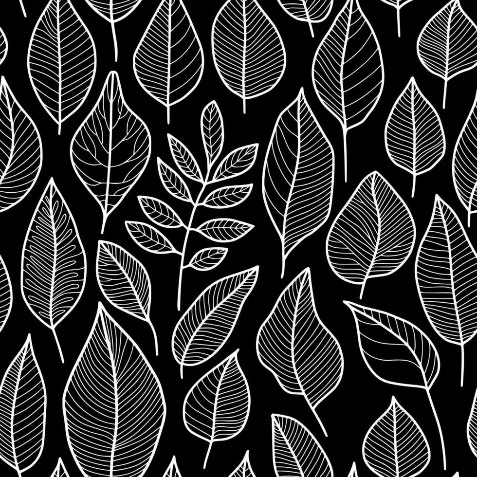 Floral Leaf Pattern, White Outline Drawing on Black Background, Repeating Intricate Line Art, Wallpaper Design for Printing on Fashion Textile, Fabric, Wrapping Paper, Packaging and other vector