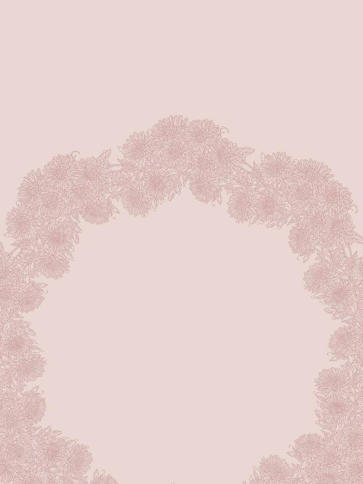 Hand drawn floral Chrysanthemums garland in misty rose colors, elegant card template design with copy space for wedding invitation, greeting, packaging, cosmetics, beauty products vector