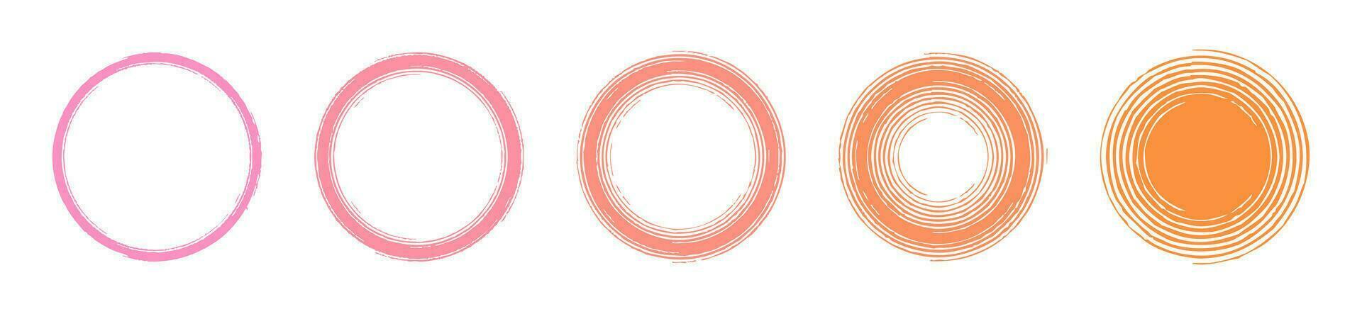 conjunto de 5 5 vector antecedentes circulo marcos con un suave color transición desde rosado a naranja, concéntrico círculos en grunge estilo, diseño elemento para web, social medios de comunicación reflejos, bandera, redondo modelo