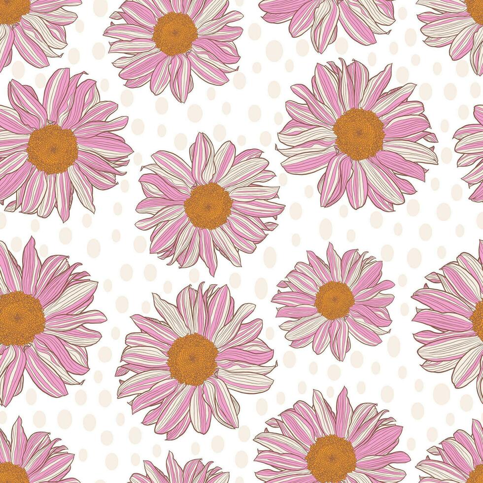 Seamless pattern of white-pink daisies with yellow center and light pink polka dot on white background. Decorative print for wallpapers, wrappings, textiles, fashion fabrics. vector