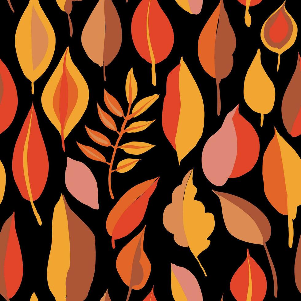 Floral Pattern from Red, Orange, Yellow Color Autumn Leaves on Black Background, Wallpaper Design for Printing on Fashion Textile, Fabric, Wrapping Paper, Packaging and other vector