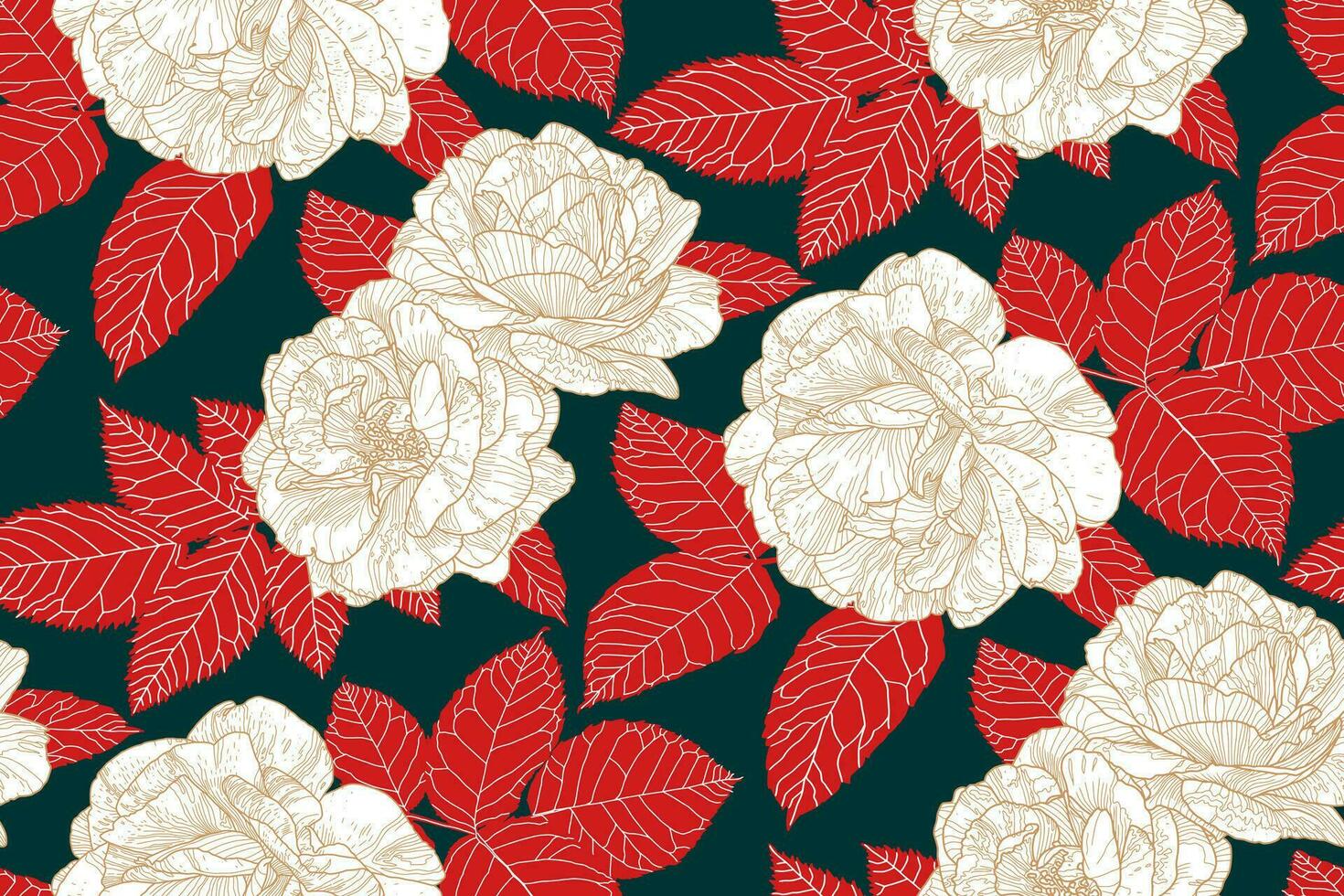 Floral seamless pattern with white and beige roses and red leaves on dark blue green backdrop. Hand drawn contour lines. Wallpaper design for textiles, paper, print, fashion, fabric, card background vector