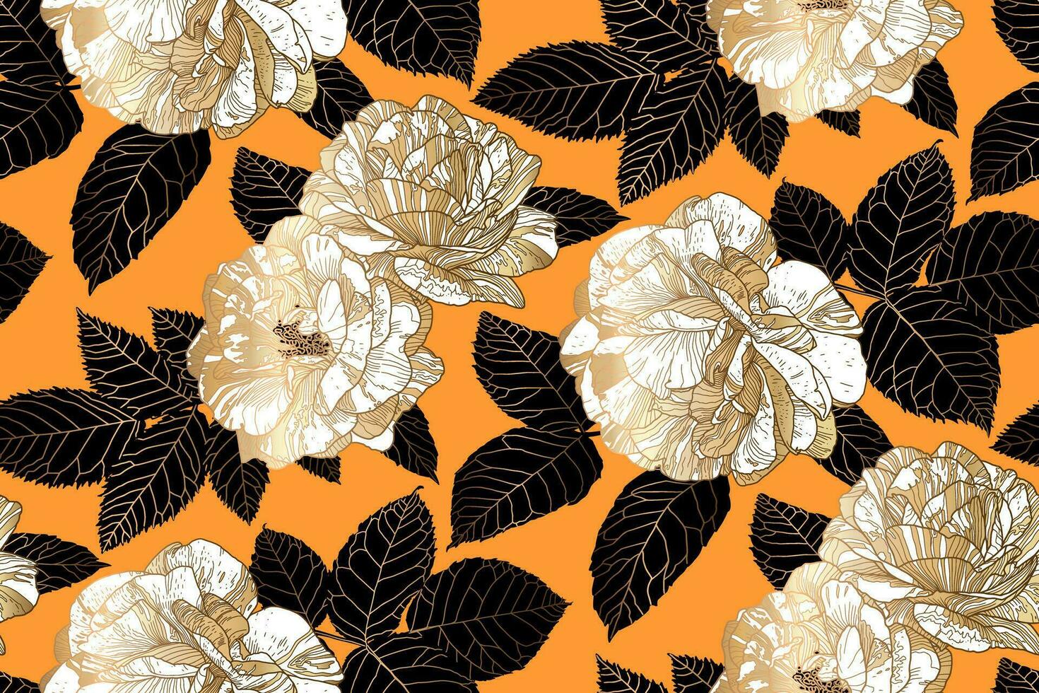 Seamless pattern with white and gold roses and black leaves on deep saffron color. Wallpaper design for textiles, paper, print, fashion, card background, beauty products. vector