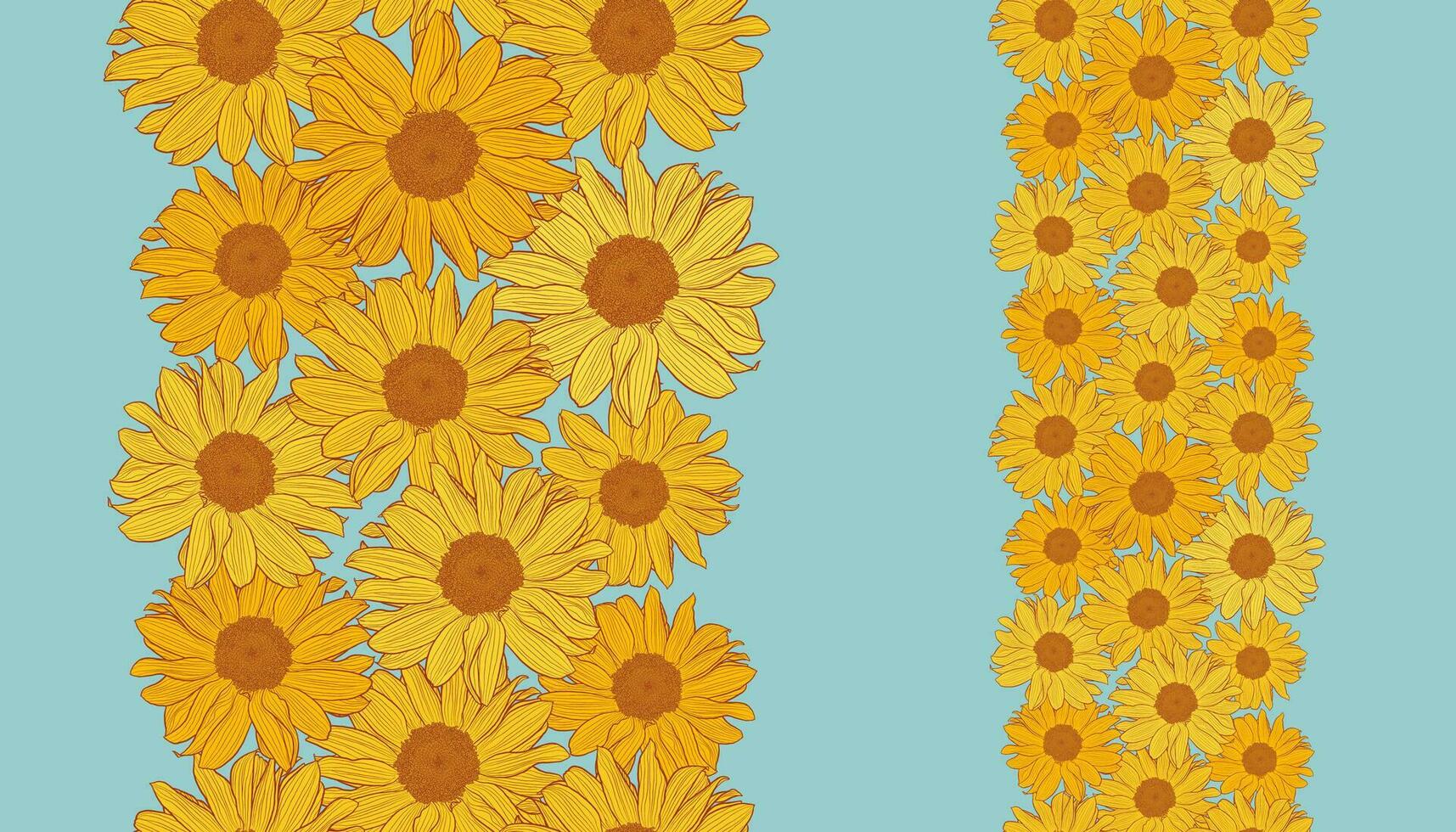 Vector vertical seamless border with yellow sunflowers with bronze outline on powder blue background. Digital art. Decorative print for wallpaper, wrapping, textile, fabric, label design.