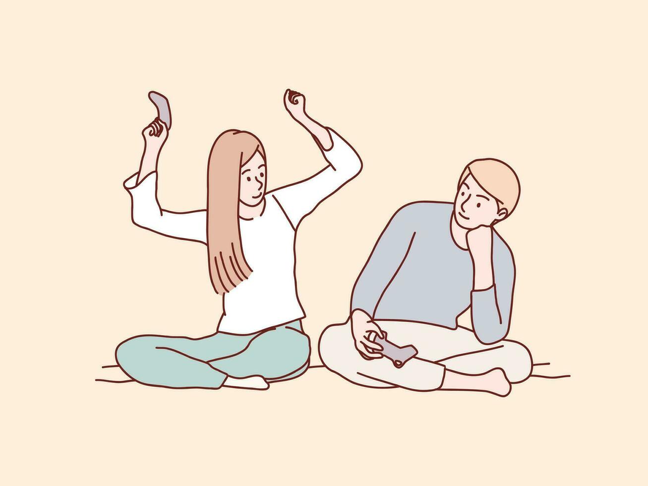 Woman exciting raise two arms celebrate her winning over boyfriend in video gaming simple korean style illustration vector