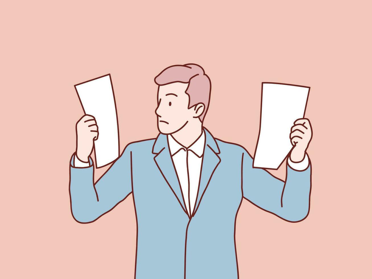 Businessman standing hold blank papers document simple korean style illustration vector