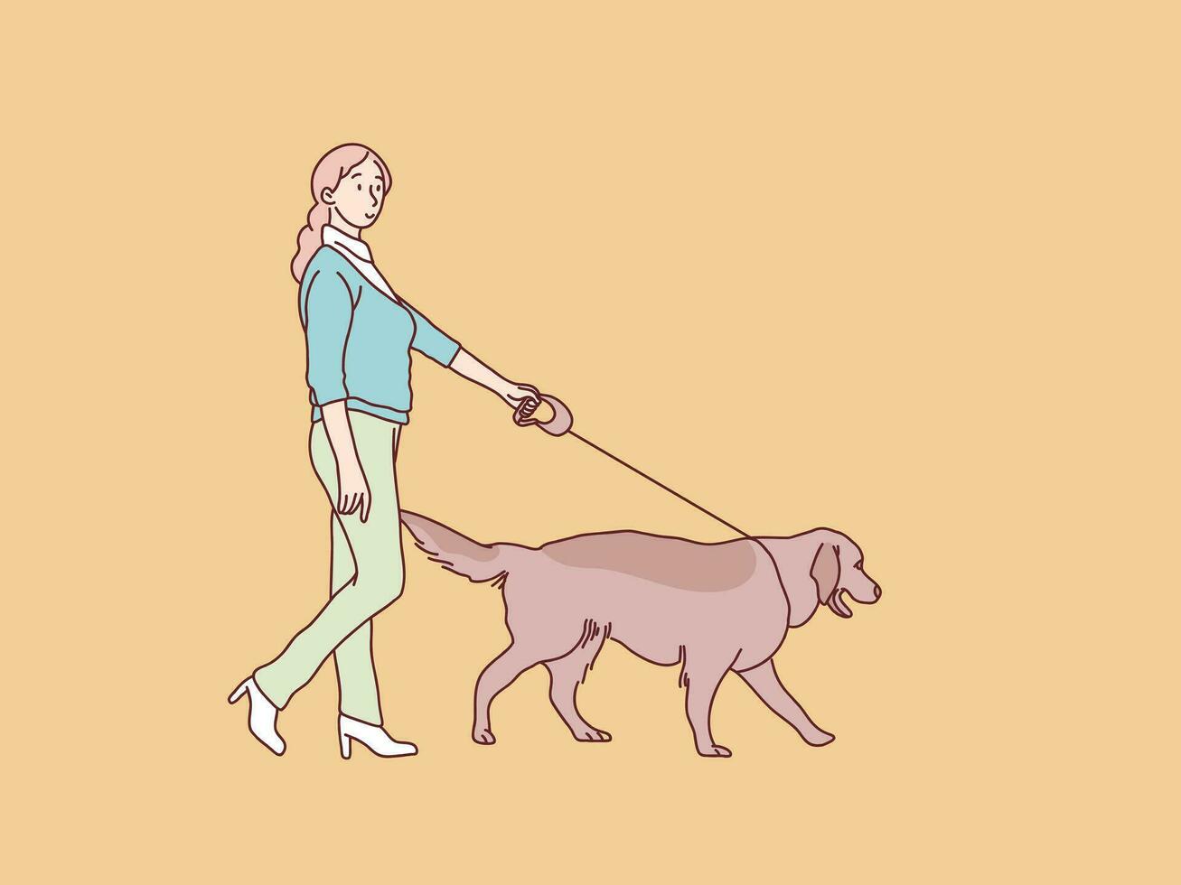 Happy mom woman walking their dog simple korean style illustration vector