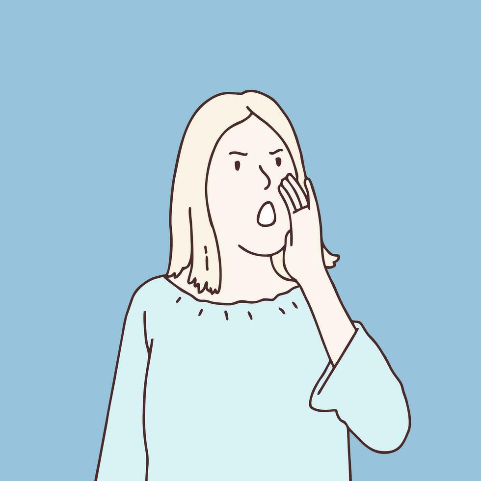 Angry young woman shouting and screaming loud to side with hand on mouth simple korean style illustration vector