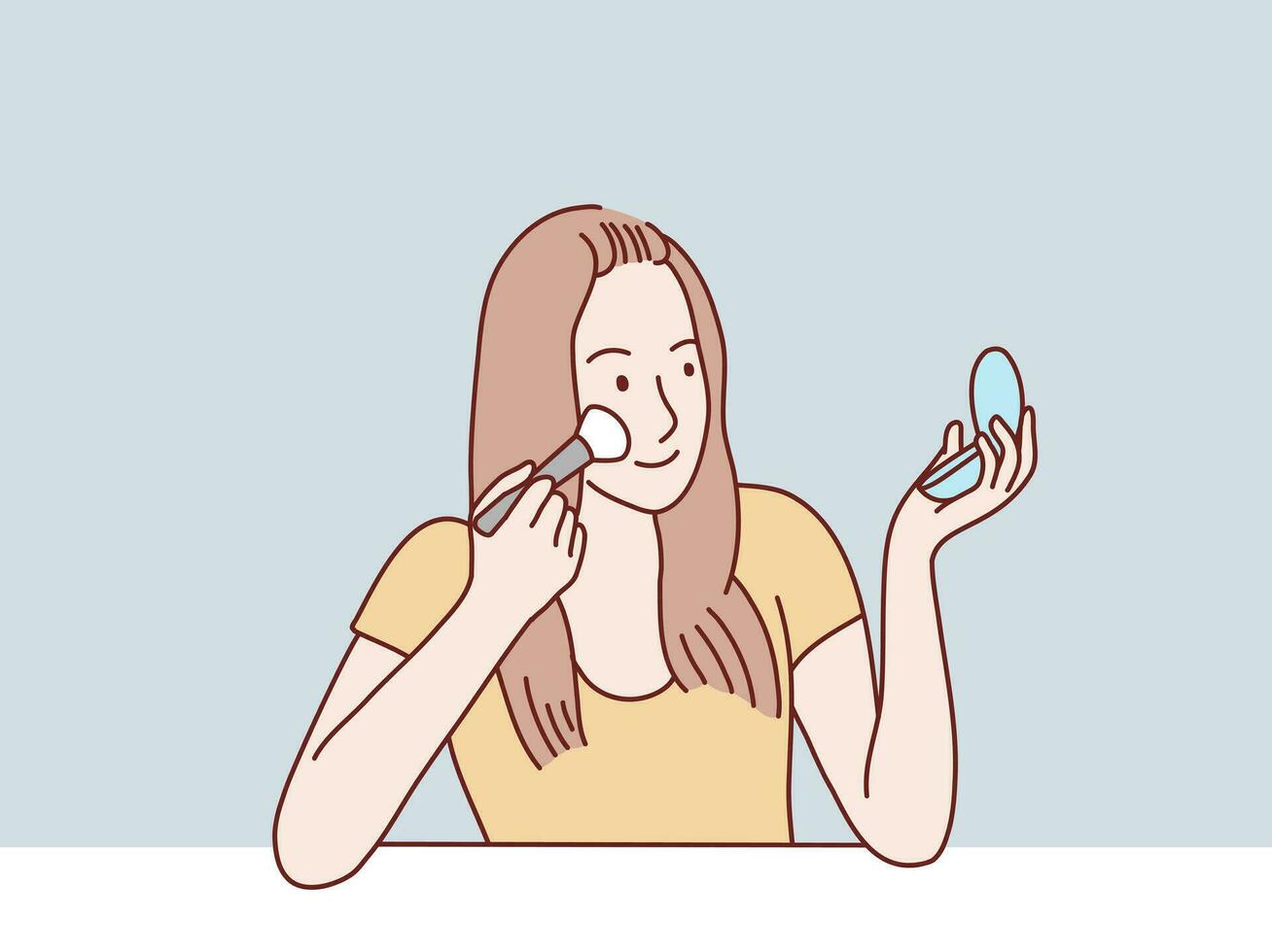 young woman girl using brush with mirror for makeup routine simple korean style illustration vector