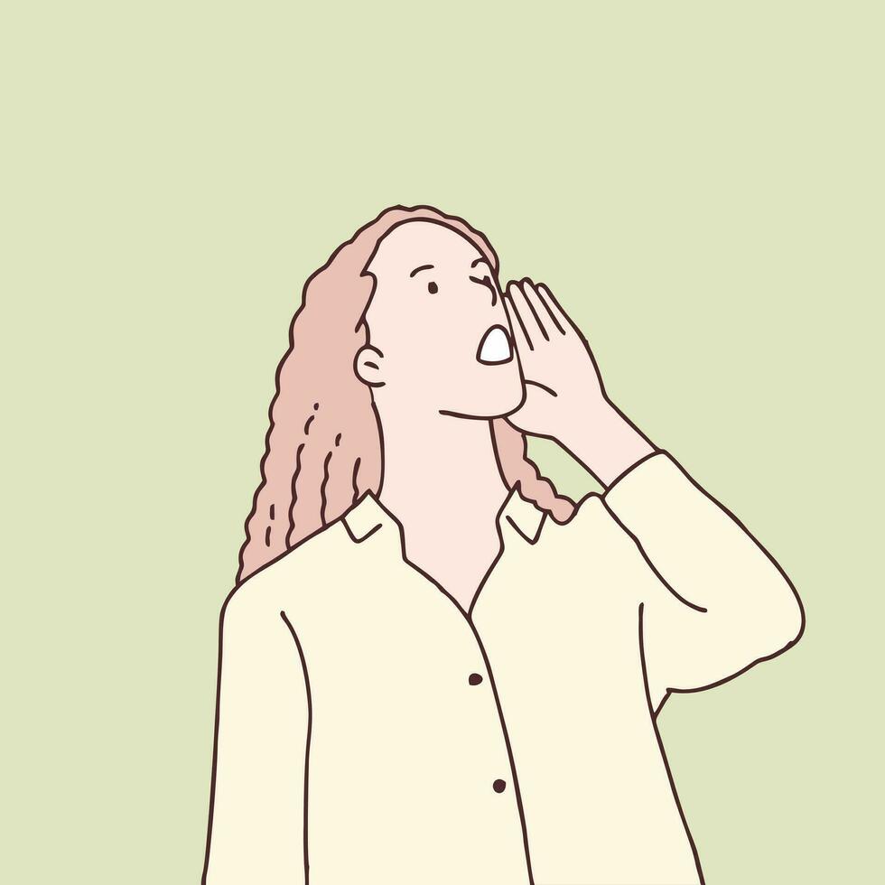 Woman shouting and screaming loud to side with hand on mouth simple korean style illustration vector