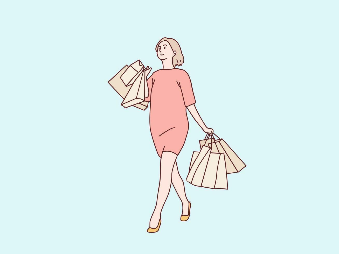 Young woman walking with full carrying shopping bags on her hand simple korean style illustration vector