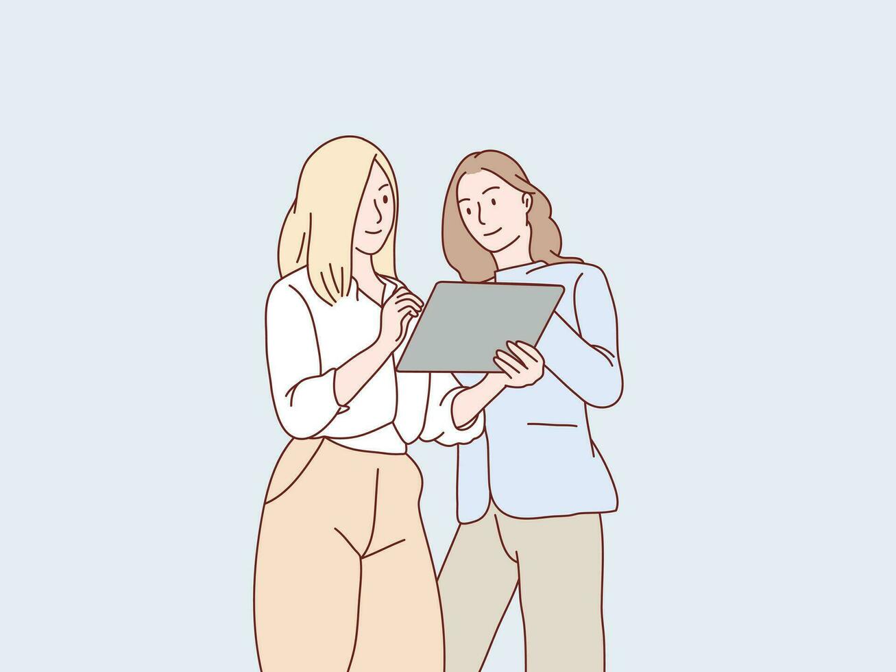 Businesswoman look at tablet discuss work business project together simple korean style illustration vector