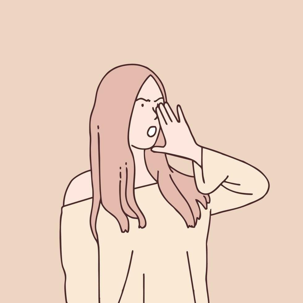 enojado joven mujer gritos y gritando ruidoso a lado con mano en boca sencillo coreano estilo ilustración vector