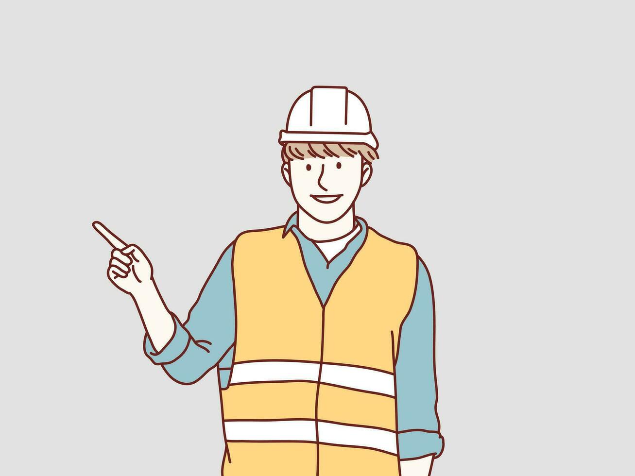 construction worker points to the side with his hands fingers simple korean style illustration vector