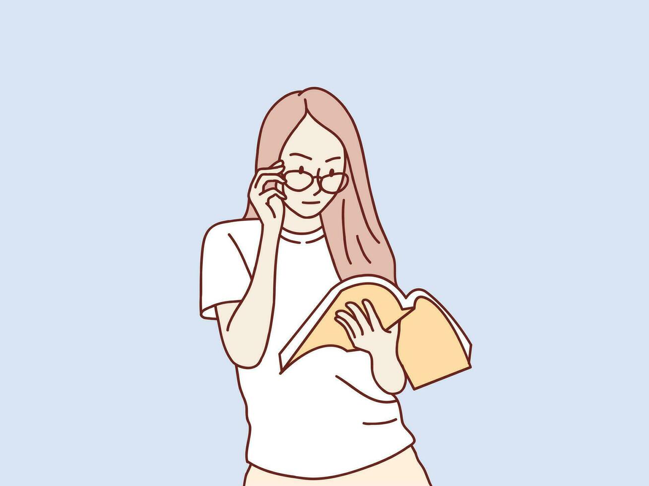 Portrait of young smiling woman with glass reading book simple korean style illustration vector