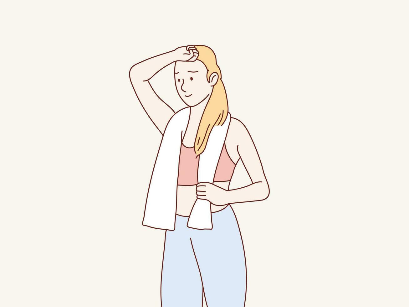 mujer cansado descansando después rutina de ejercicio toalla en su cuello sencillo coreano estilo ilustración vector