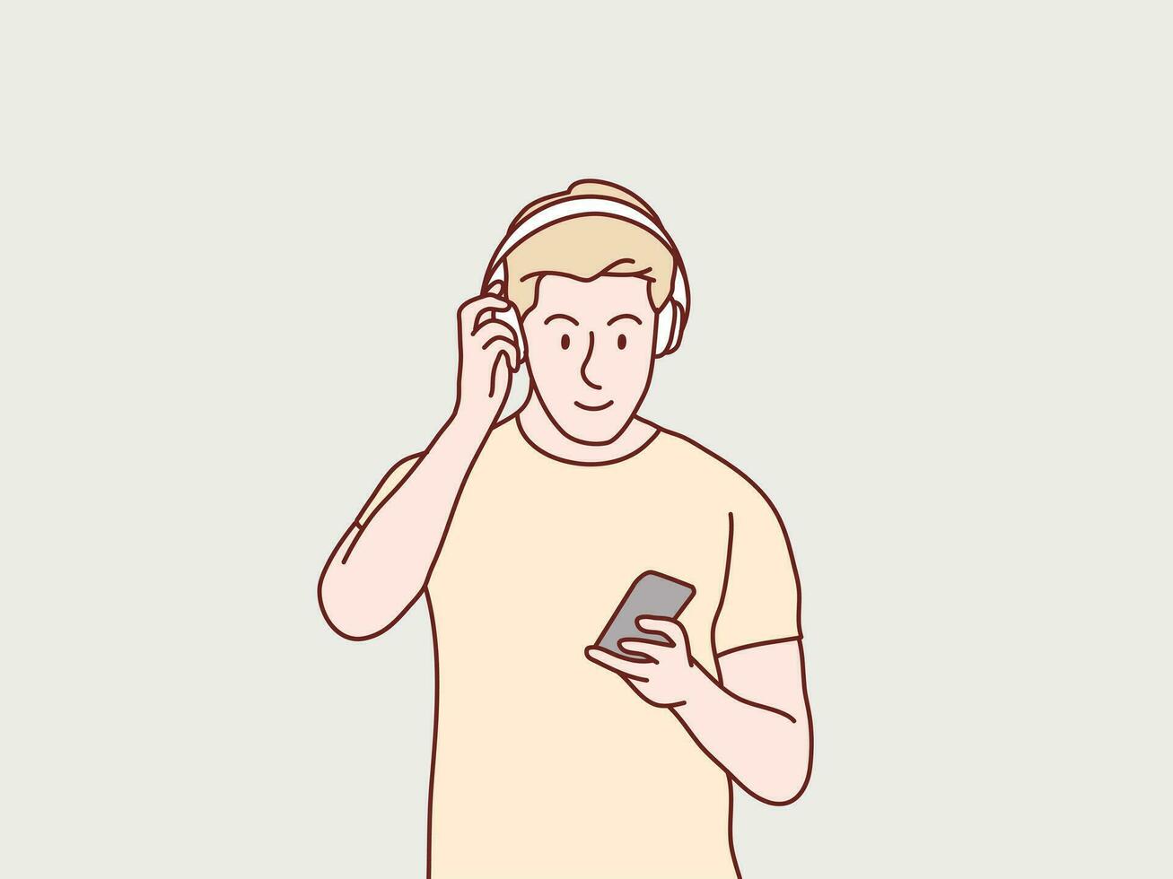 hombre vistiendo auriculares escuchando a música y bailando sencillo coreano estilo ilustración vector