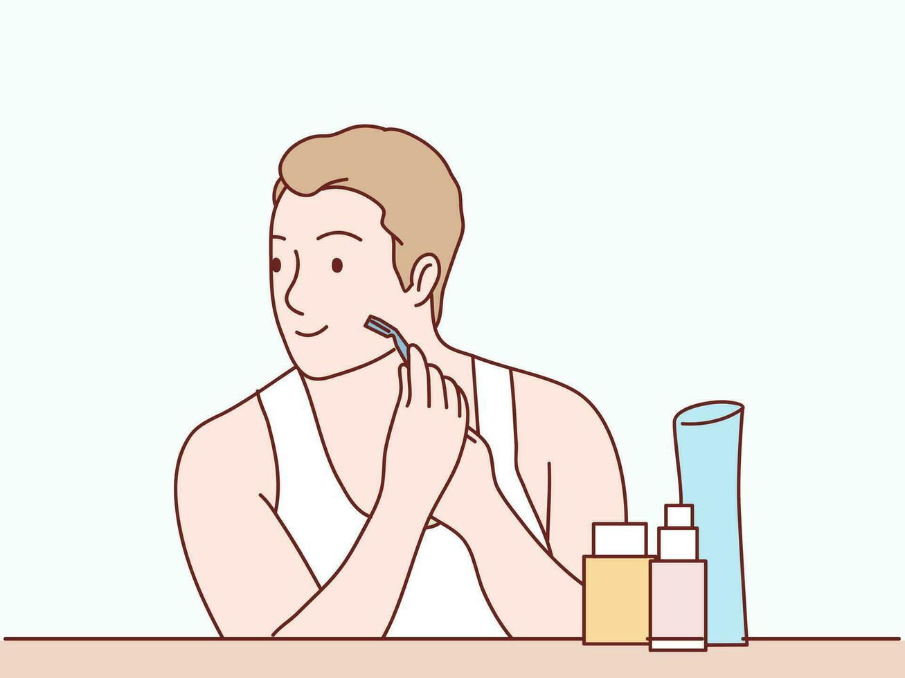 Man shaving his face and looking at on mirror simple korean style illustration.eps vector