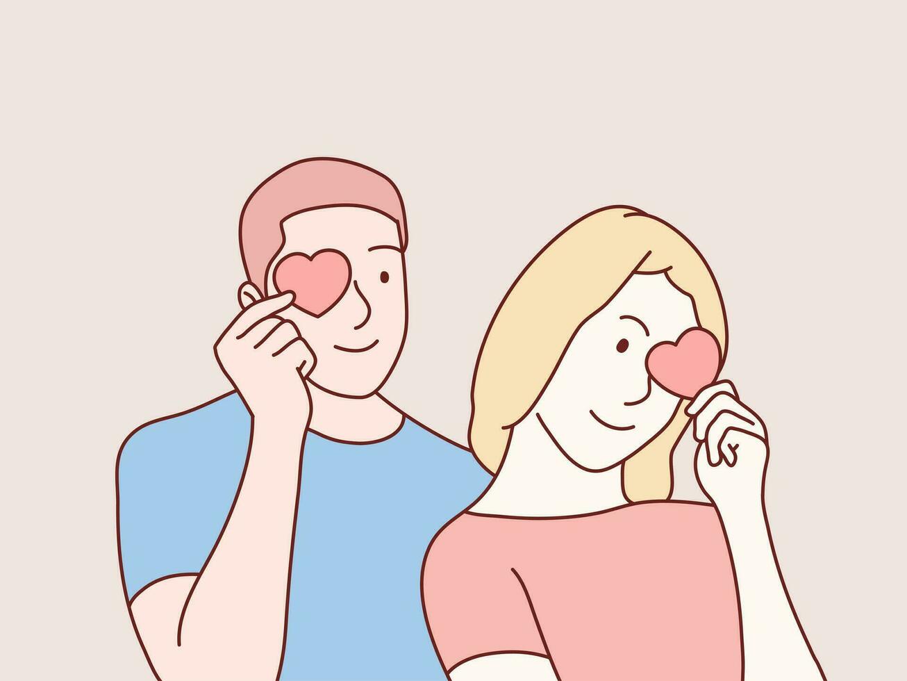 Couple Holding Red Paper Hearts Near Eyes And Smiling  simple korean style illustration vector